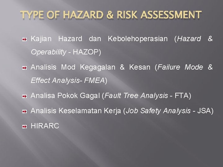 TYPE OF HAZARD & RISK ASSESSMENT Kajian Hazard dan Kebolehoperasian (Hazard & Operability -