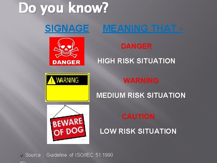 Do you know? SIGNAGE MEANING THAT DANGER HIGH RISK SITUATION WARNING MEDIUM RISK SITUATION