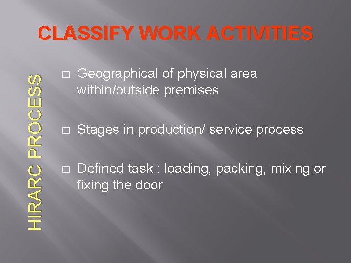 HIRARC PROCESS CLASSIFY WORK ACTIVITIES � Geographical of physical area within/outside premises � Stages