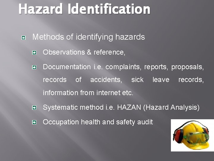 Hazard Identification Methods of identifying hazards Observations & reference, Documentation i. e. complaints, reports,