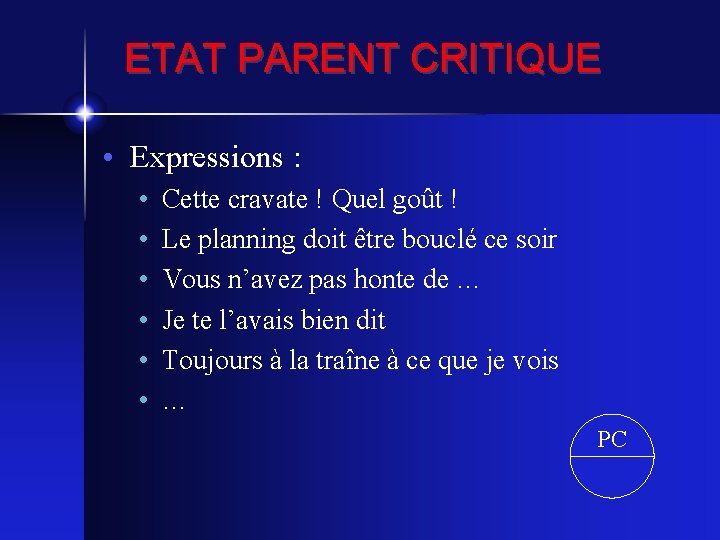 ETAT PARENT CRITIQUE • Expressions : • • • Cette cravate ! Quel goût