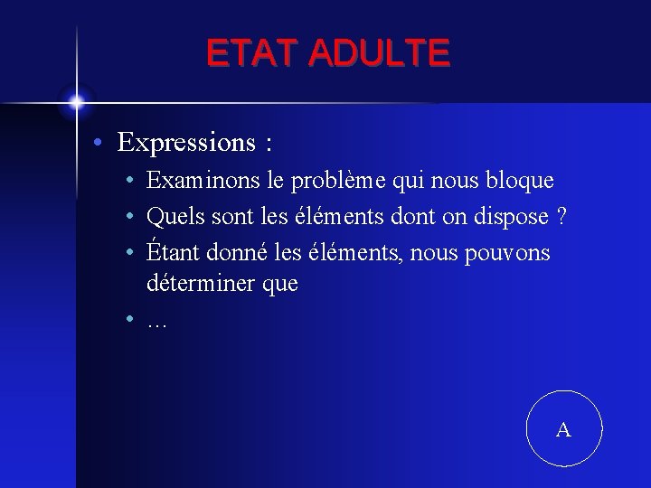 ETAT ADULTE • Expressions : • Examinons le problème qui nous bloque • Quels