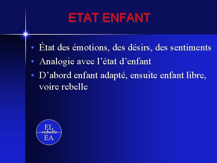 ETAT ENFANT • État des émotions, des désirs, des sentiments • Analogie avec l’état