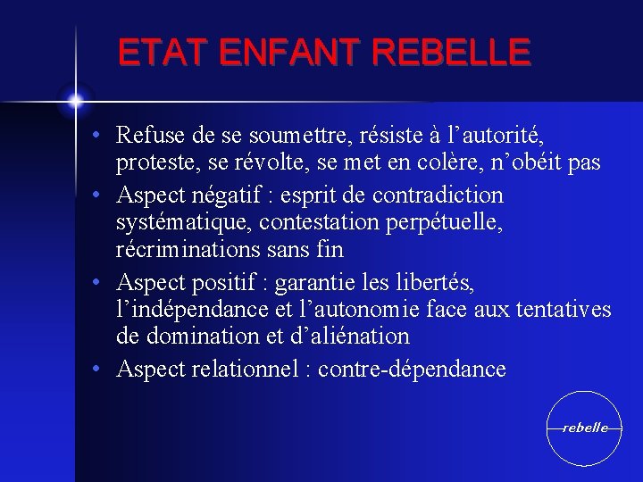 ETAT ENFANT REBELLE • Refuse de se soumettre, résiste à l’autorité, proteste, se révolte,