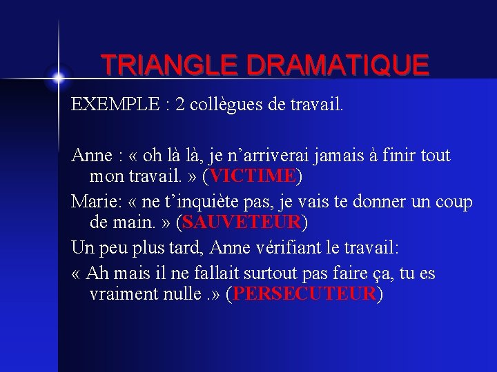 TRIANGLE DRAMATIQUE EXEMPLE : 2 collègues de travail. Anne : « oh là là,