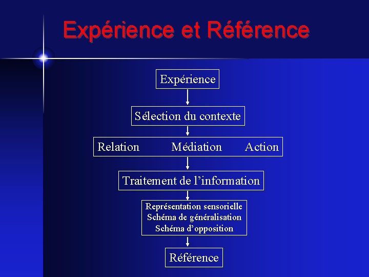 Expérience et Référence Expérience Sélection du contexte Relation Médiation Action Traitement de l’information Représentation