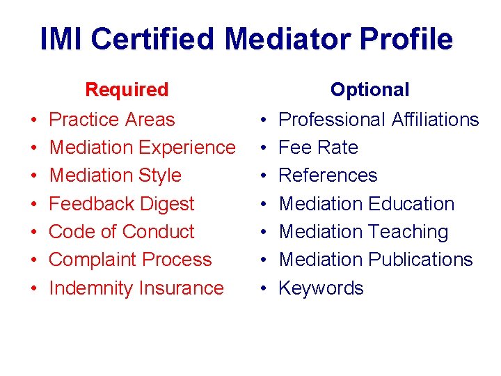 IMI Certified Mediator Profile Required Optional Required • • Practice Areas Mediation Experience Mediation