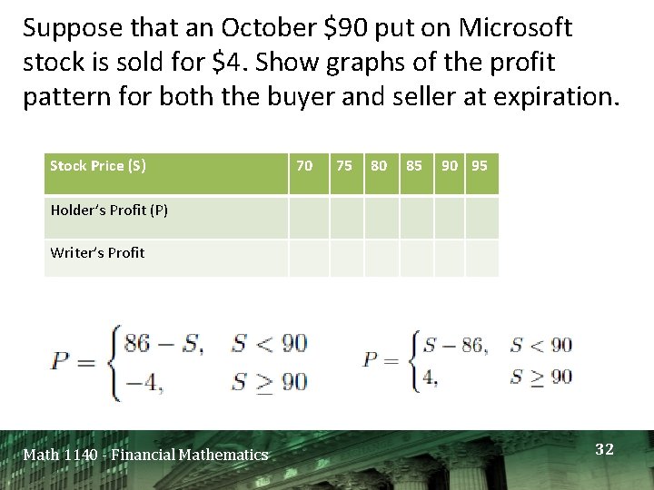 Suppose that an October $90 put on Microsoft stock is sold for $4. Show Suppose that an October $90 put on Microsoft stock is sold for $4. Show