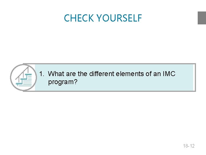 CHECK YOURSELF 1. What are the different elements of an IMC program? 18 -12