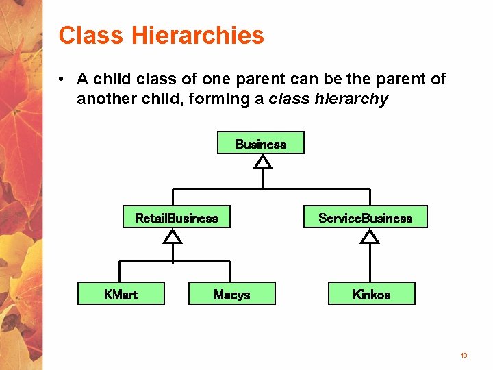 Class Hierarchies • A child class of one parent can be the parent of