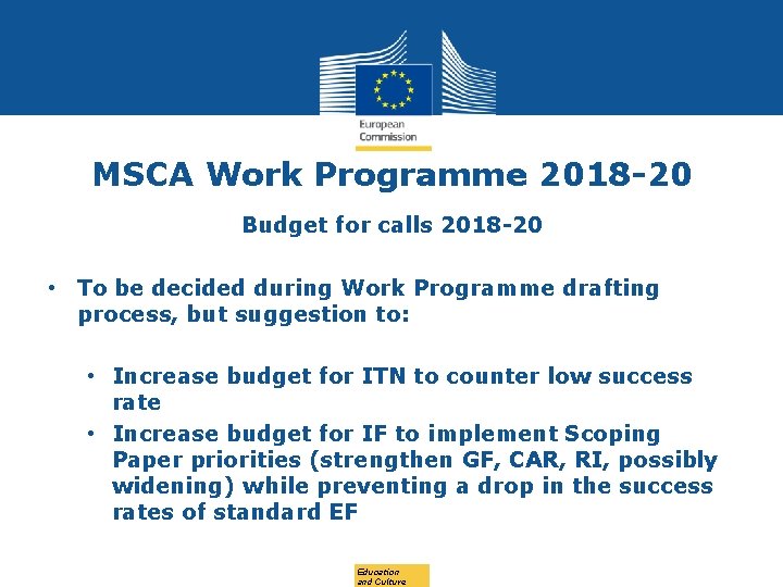MSCA Work Programme 2018 -20 Budget for calls 2018 -20 • To be decided
