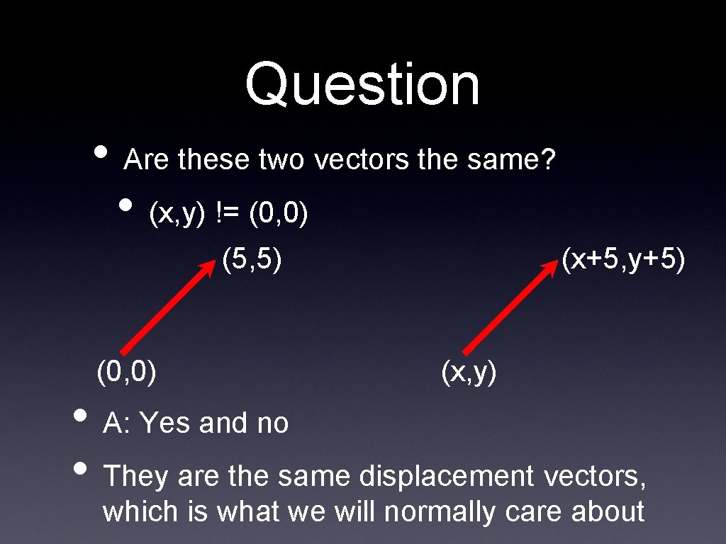 Question • Are these two vectors the same? • (x, y) != (0, 0)