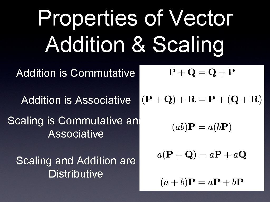 Properties of Vector Addition & Scaling Addition is Commutative Addition is Associative Scaling is