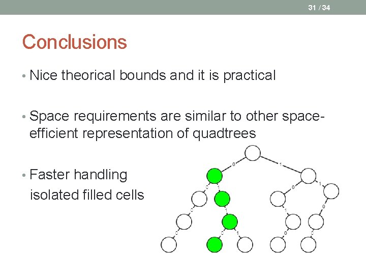 31 / 34 Conclusions • Nice theorical bounds and it is practical • Space