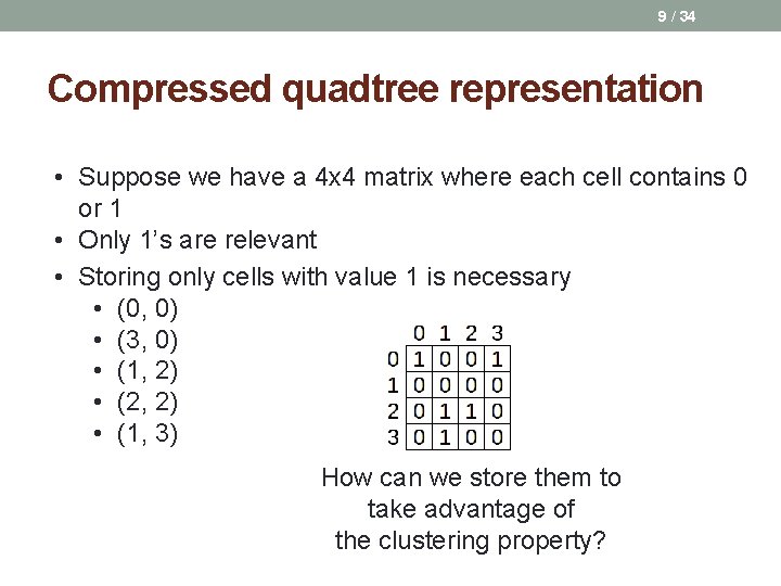 9 / 34 Compressed quadtree representation • Suppose we have a 4 x 4