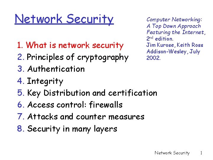 Network Security Computer Networking: A Top Down Approach Featuring the Internet, 2 nd edition. Network Security Computer Networking: A Top Down Approach Featuring the Internet, 2 nd edition.