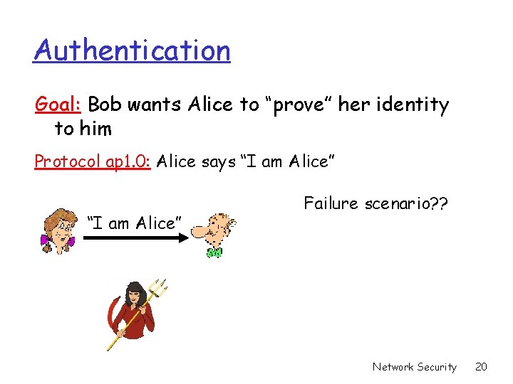Authentication Goal: Bob wants Alice to “prove” her identity to him Protocol ap 1. Authentication Goal: Bob wants Alice to “prove” her identity to him Protocol ap 1.