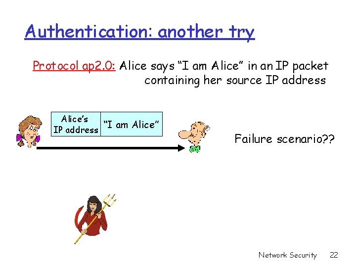 Authentication: another try Protocol ap 2. 0: Alice says “I am Alice” in an Authentication: another try Protocol ap 2. 0: Alice says “I am Alice” in an