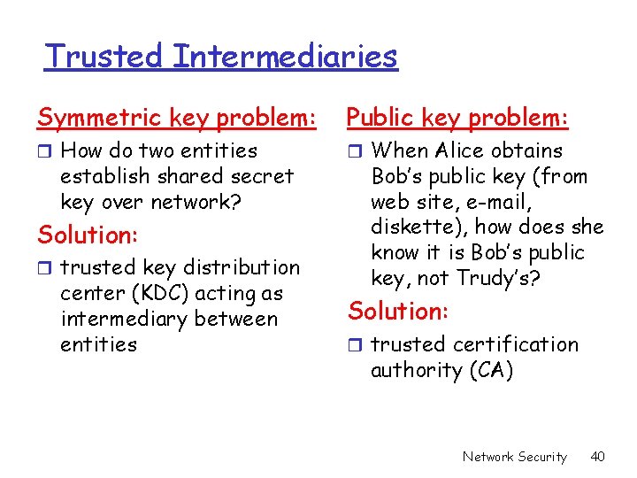 Trusted Intermediaries Symmetric key problem: Public key problem: r How do two entities r Trusted Intermediaries Symmetric key problem: Public key problem: r How do two entities r