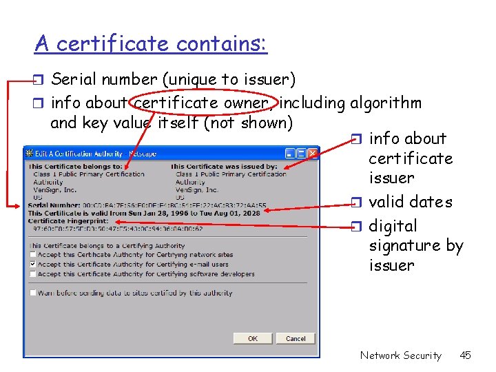 A certificate contains: r Serial number (unique to issuer) r info about certificate owner, A certificate contains: r Serial number (unique to issuer) r info about certificate owner,