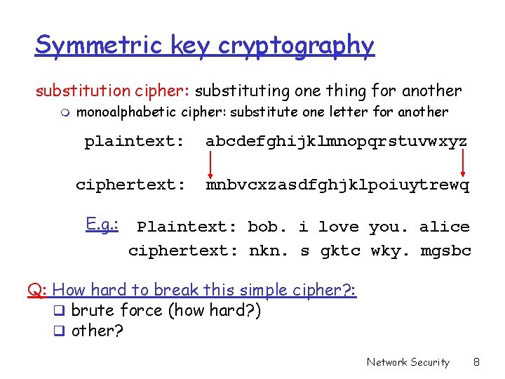 Symmetric key cryptography substitution cipher: substituting one thing for another m monoalphabetic cipher: substitute Symmetric key cryptography substitution cipher: substituting one thing for another m monoalphabetic cipher: substitute