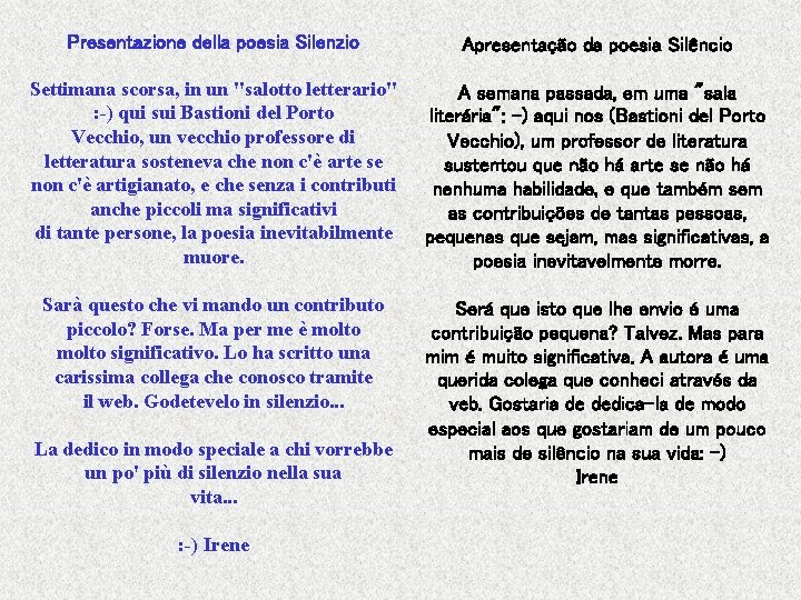 Presentazione della poesia Silenzio Settimana scorsa, in un "salotto letterario" : -) qui sui