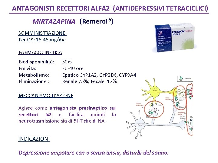 ANTAGONISTI RECETTORI ALFA 2 (ANTIDEPRESSIVI TETRACICLICI) MIRTAZAPINA (Remerol®) SOMMINISTRAZIONE: Per OS: 15 -45 mg/die