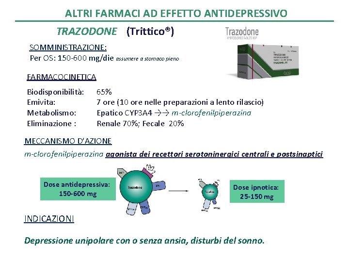 ALTRI FARMACI AD EFFETTO ANTIDEPRESSIVO TRAZODONE (Trittico®) SOMMINISTRAZIONE: Per OS: 150 -600 mg/die assumere