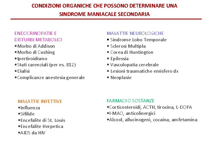 CONDIZIONI ORGANICHE POSSONO DETERMINARE UNA SINDROME MANIACALE SECONDARIA ENDOCRINOPATIE E DISTURBI METABOLICI • Morbo