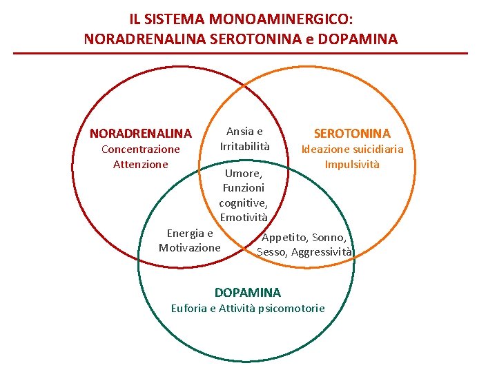 IL SISTEMA MONOAMINERGICO: NORADRENALINA SEROTONINA e DOPAMINA NORADRENALINA Concentrazione Attenzione Ansia e Irritabilità Umore,