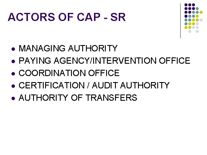 ACTORS OF CAP - SR l l l MANAGING AUTHORITY PAYING AGENCY/INTERVENTION OFFICE COORDINATION