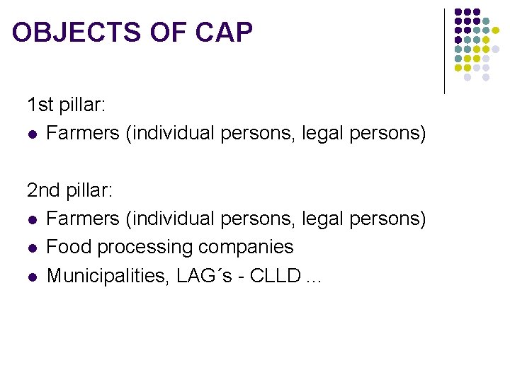 OBJECTS OF CAP 1 st pillar: l Farmers (individual persons, legal persons) 2 nd