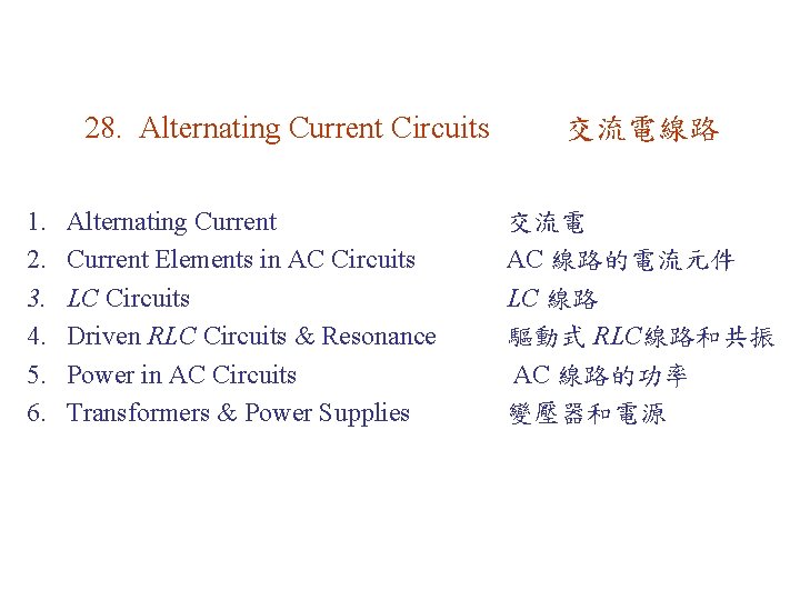 28. Alternating Current Circuits 1. 2. 3. 4. 5. 6. Alternating Current Elements in