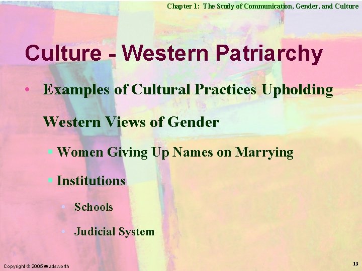 Chapter 1: The Study of Communication, Gender, and Culture - Western Patriarchy • Examples