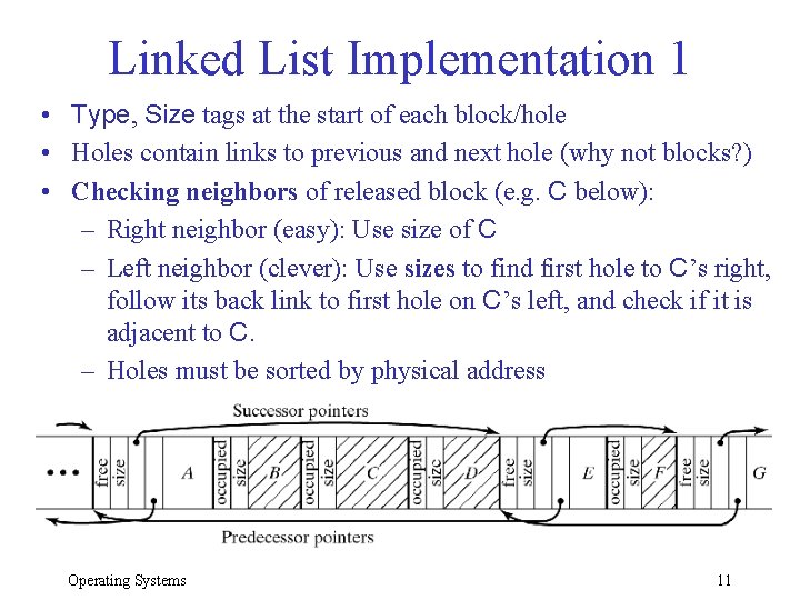 Linked List Implementation 1 • Type, Size tags at the start of each block/hole