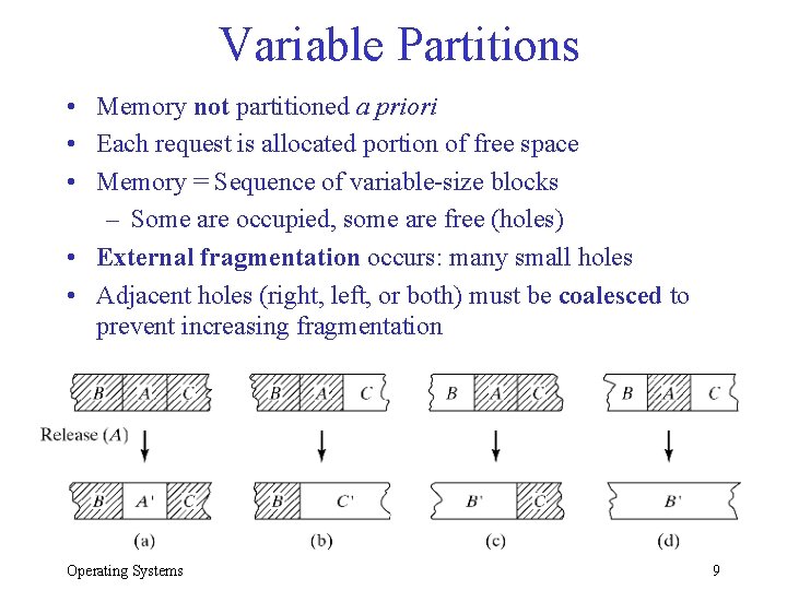 Variable Partitions • Memory not partitioned a priori • Each request is allocated portion