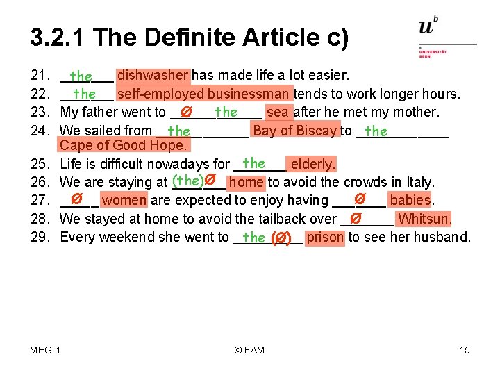 3. 2. 1 The Definite Article c) 21. 22. 23. 24. 25. 26. 27.
