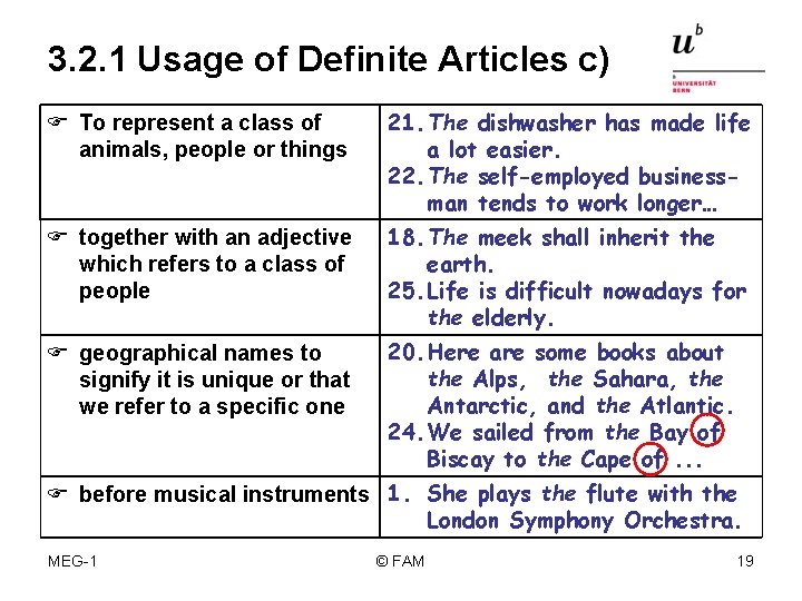 3. 2. 1 Usage of Definite Articles c) F To represent a class of