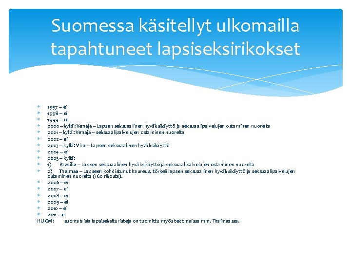 Suomessa käsitellyt ulkomailla tapahtuneet lapsiseksirikokset 1997 – ei 1998 – ei 1999 – ei