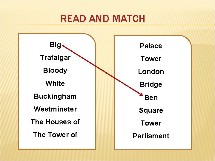 READ AND MATCH Big Palace Trafalgar Tower Bloody London White Bridge Buckingham Ben Westminster