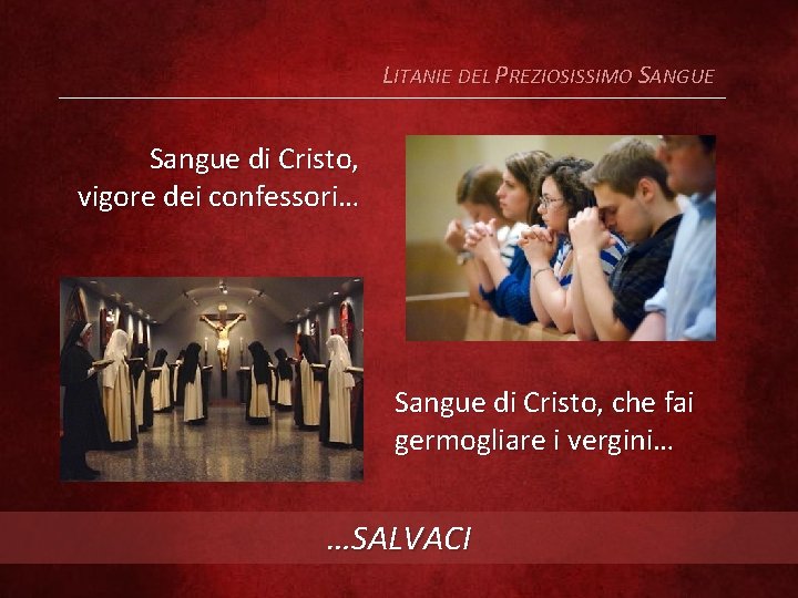 LITANIE DEL PREZIOSISSIMO SANGUE Sangue di Cristo, vigore dei confessori… Sangue di Cristo, che