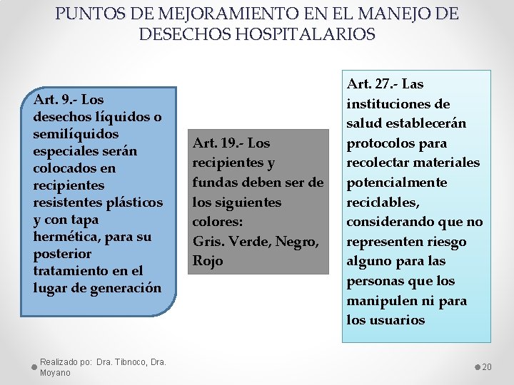 PUNTOS DE MEJORAMIENTO EN EL MANEJO DE DESECHOS HOSPITALARIOS Art. 9. - Los desechos