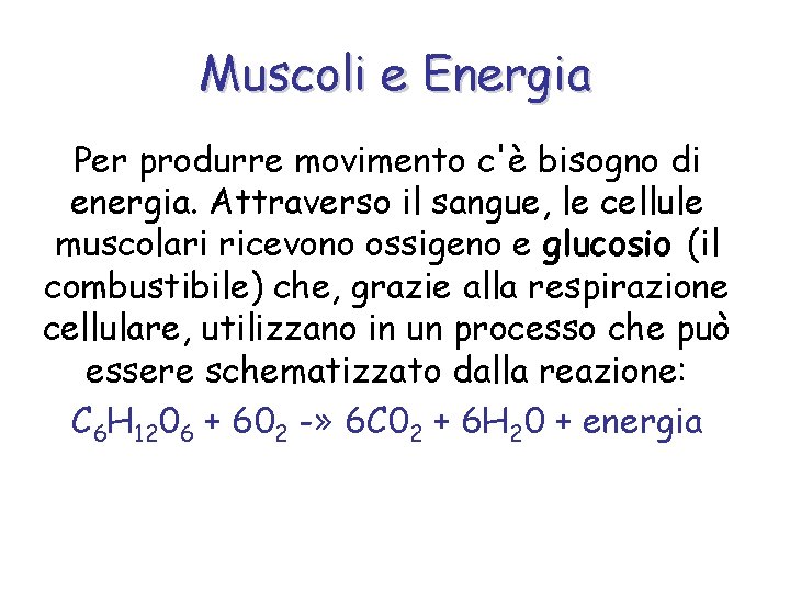 Muscoli e Energia Per produrre movimento c'è bisogno di energia. Attraverso il sangue, le