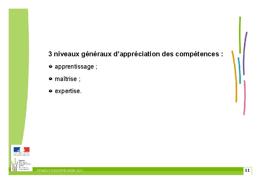 3 niveaux généraux d’appréciation des compétences : apprentissage ; maîtrise ; expertise. PPM/DCF/CEDIP/FÉVRIER 2011