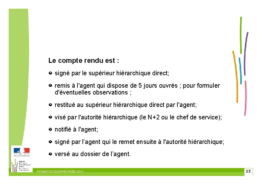 Le compte rendu est : signé par le supérieur hiérarchique direct; remis à l'agent