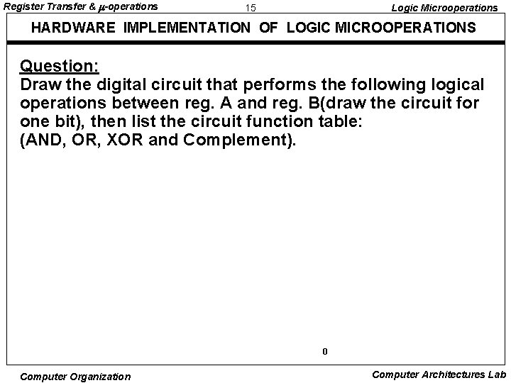 Register Transfer & -operations 15 Logic Microoperations HARDWARE IMPLEMENTATION OF LOGIC MICROOPERATIONS Question: Draw Register Transfer & -operations 15 Logic Microoperations HARDWARE IMPLEMENTATION OF LOGIC MICROOPERATIONS Question: Draw