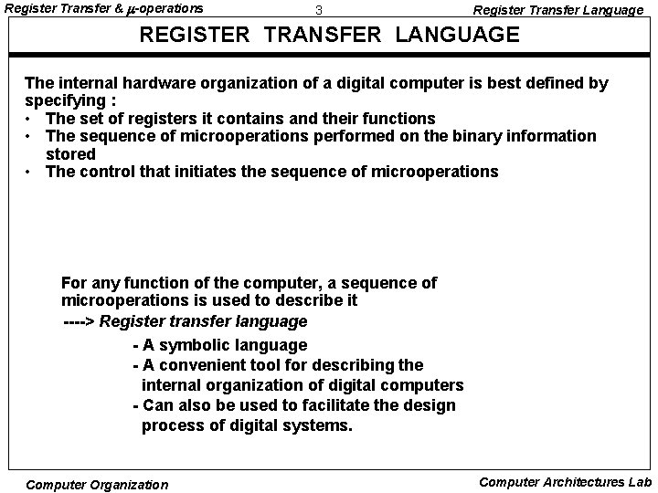 Register Transfer & -operations 3 Register Transfer Language REGISTER TRANSFER LANGUAGE The internal hardware Register Transfer & -operations 3 Register Transfer Language REGISTER TRANSFER LANGUAGE The internal hardware