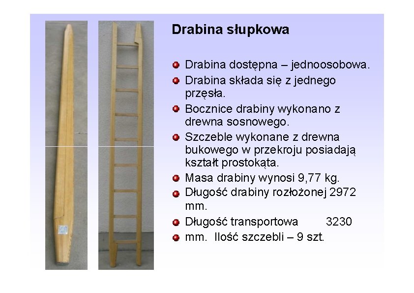 Drabina słupkowa Drabina dostępna – jednoosobowa. Drabina składa się z jednego przęsła. Bocznice drabiny