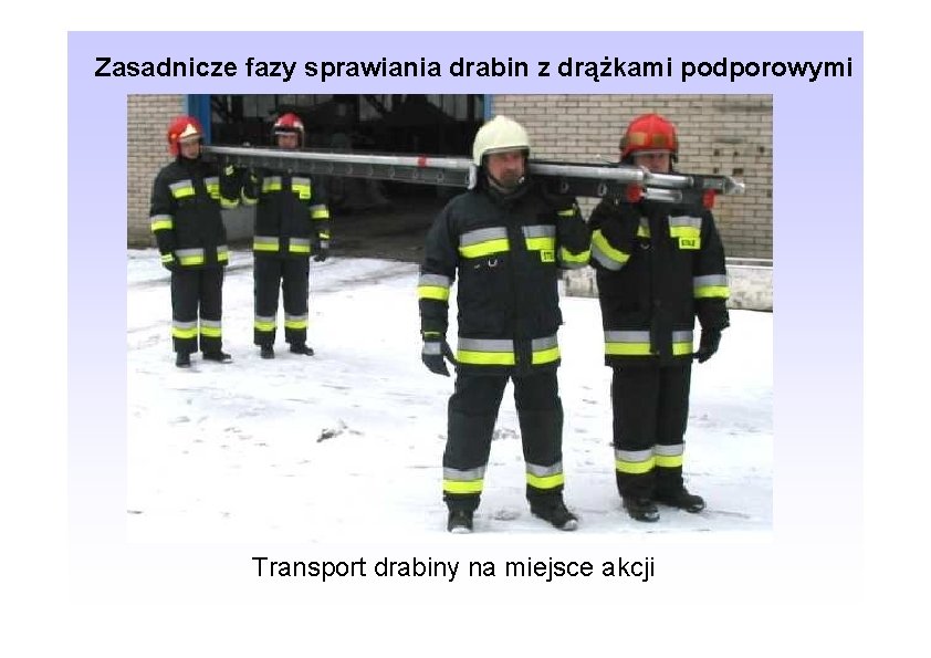 Zasadnicze fazy sprawiania drabin z drążkami podporowymi Transport drabiny na miejsce akcji 