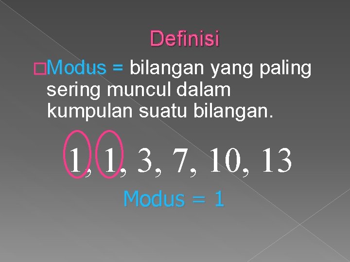 Definisi �Modus = bilangan yang paling sering muncul dalam kumpulan suatu bilangan. 1, 1,